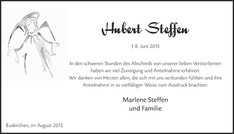  Traueranzeige für Hubert Steffen vom 23.08.2015 aus  Blickpunkt Euskirchen 