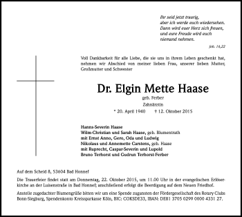 Anzeige von Elgin Mette  Haase von Kölner Stadt-Anzeiger / Kölnische Rundschau / Express