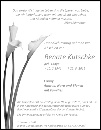 Anzeige von Renate Kutschke von Kölner Stadt-Anzeiger / Kölnische Rundschau / Express