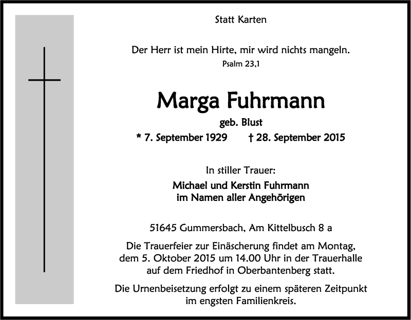  Traueranzeige für Marga Fuhrmann vom 01.10.2015 aus Kölner Stadt-Anzeiger / Kölnische Rundschau / Express