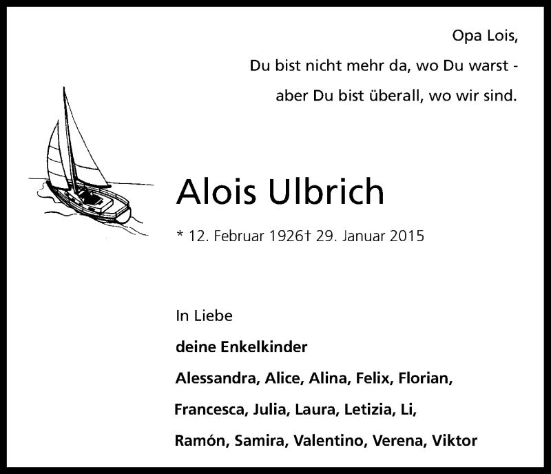  Traueranzeige für Alois Ulbrich vom 07.02.2015 aus Kölner Stadt-Anzeiger / Kölnische Rundschau / Express