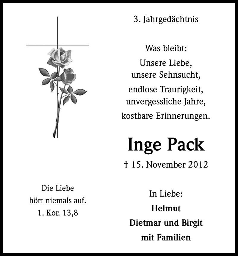  Traueranzeige für Inge Pack vom 14.11.2015 aus Köln - Wir Trauern