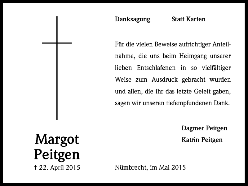  Traueranzeige für Margot Peitgen vom 09.05.2015 aus Kölner Stadt-Anzeiger / Kölnische Rundschau / Express