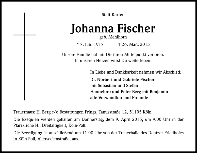  Traueranzeige für Johanna Fischer vom 04.04.2015 aus Kölner Stadt-Anzeiger / Kölnische Rundschau / Express