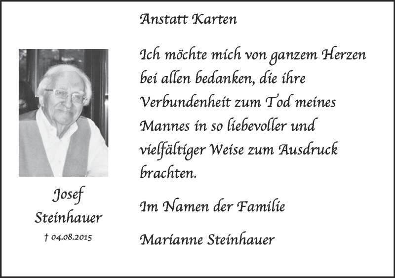  Traueranzeige für Josef Steinhauer vom 09.09.2015 aus  Schlossbote/Werbekurier 