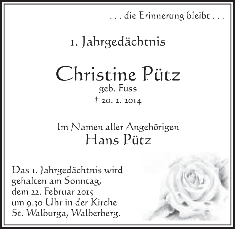  Traueranzeige für Christine Pütz vom 18.02.2015 aus  Schlossbote/Werbekurier 