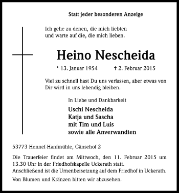 Anzeige von Heino Nescheida von Kölner Stadt-Anzeiger / Kölnische Rundschau / Express