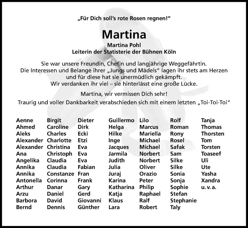  Traueranzeige für Martina Pohl vom 07.11.2015 aus Kölner Stadt-Anzeiger / Kölnische Rundschau / Express