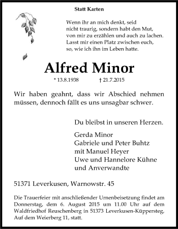 Anzeige von Alfred Minor von Kölner Stadt-Anzeiger / Kölnische Rundschau / Express