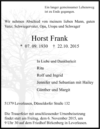 Anzeige von Horst Frank von Kölner Stadt-Anzeiger / Kölnische Rundschau / Express
