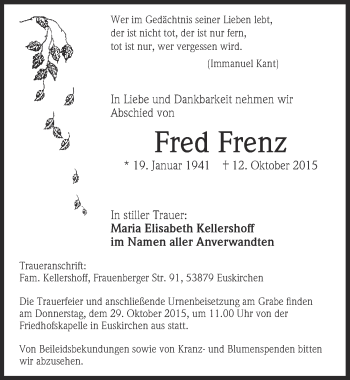 Anzeige von Fred Frenz von  Blickpunkt Euskirchen 