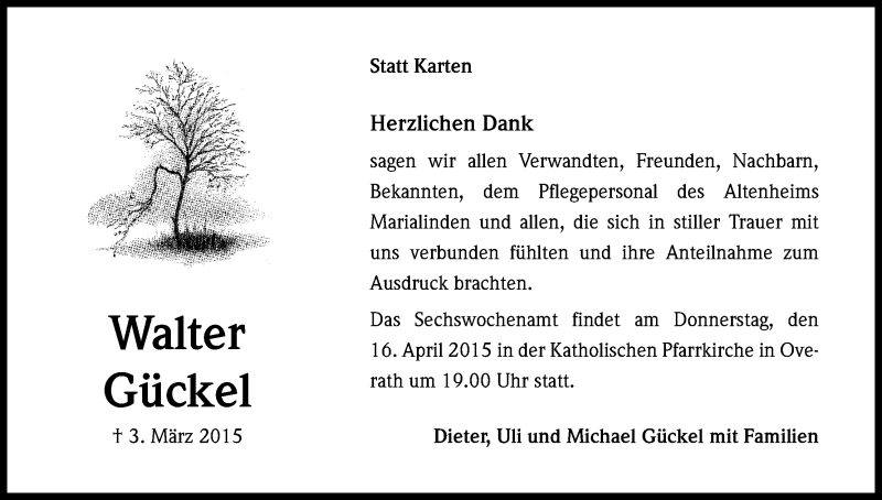  Traueranzeige für Walter Gückel vom 04.04.2015 aus Kölner Stadt-Anzeiger / Kölnische Rundschau / Express