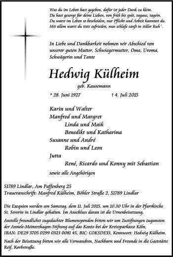 Anzeige von Hedwig Külheim von Kölner Stadt-Anzeiger / Kölnische Rundschau / Express