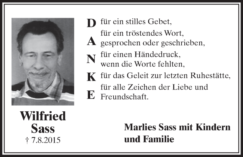  Traueranzeige für Wilfried Sass vom 09.09.2015 aus  Schlossbote/Werbekurier 