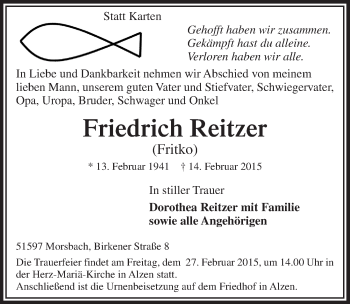 Anzeige von Friedrich Reitzer von  Lokalanzeiger 