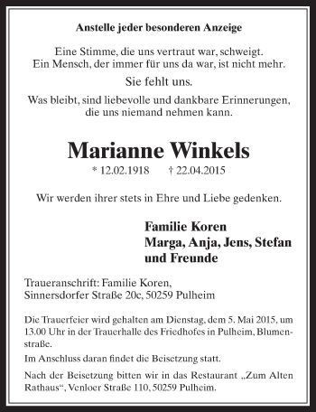 Anzeige von Marianne Winkels von  Wochenende 
