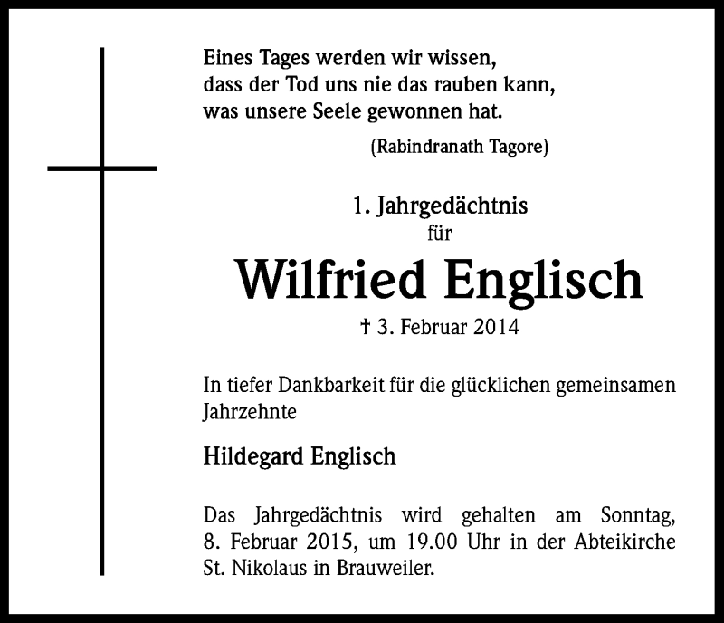  Traueranzeige für Wilfried Englisch vom 31.01.2015 aus Kölner Stadt-Anzeiger / Kölnische Rundschau / Express