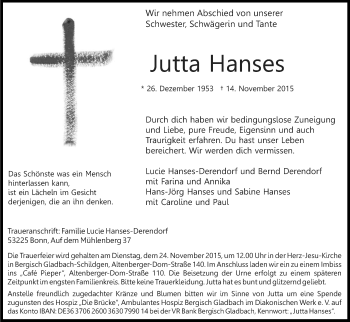 Anzeige von Jutta Hanses von Kölner Stadt-Anzeiger / Kölnische Rundschau / Express