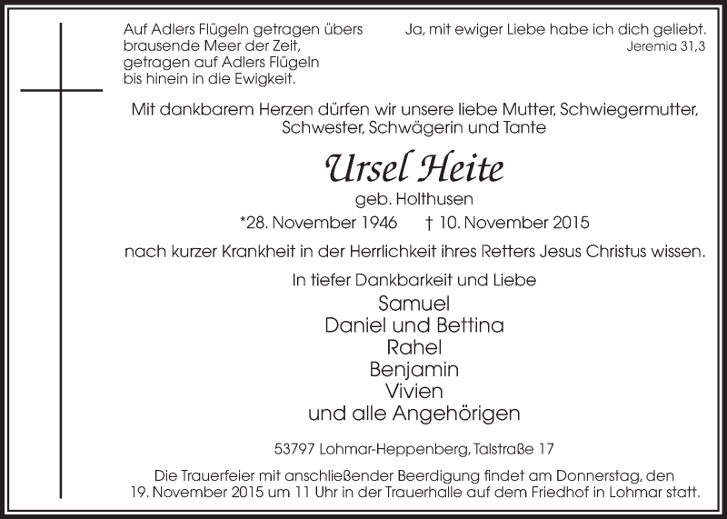  Traueranzeige für Ursel Heite vom 18.11.2015 aus  Extra Blatt 