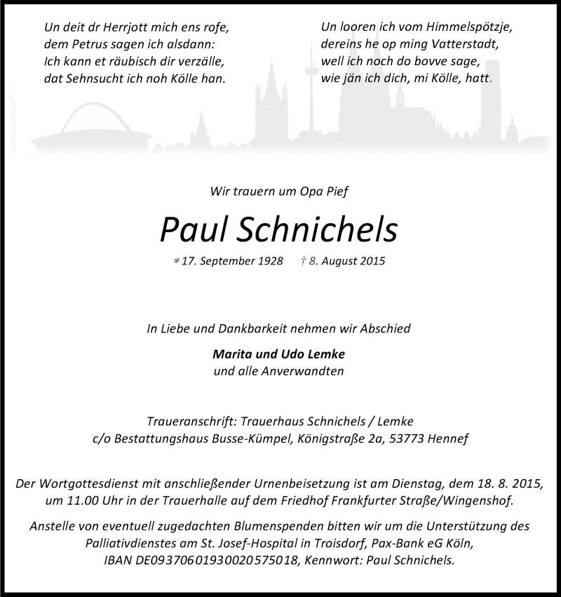  Traueranzeige für Paul Schnichels vom 13.08.2015 aus Kölner Stadt-Anzeiger / Kölnische Rundschau / Express