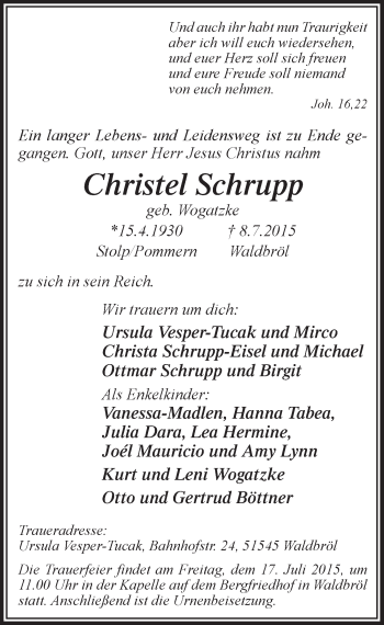 Anzeige von Christel Schrupp von  Lokalanzeiger 