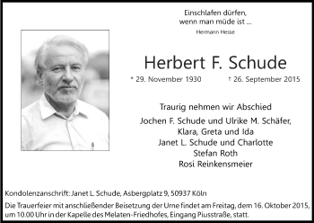 Anzeige von Herbert F. Schude von Kölner Stadt-Anzeiger / Kölnische Rundschau / Express