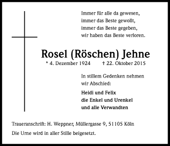 Anzeige von Rosel Röschen Jehne von Kölner Stadt-Anzeiger / Kölnische Rundschau / Express