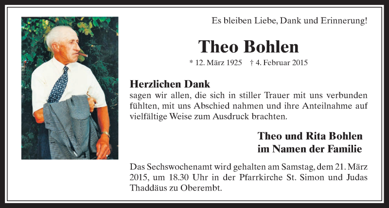  Traueranzeige für Theo Bohlen vom 11.03.2015 aus  Werbepost 