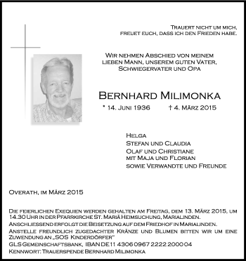 Anzeige von Bernhard Milimonka von Kölner Stadt-Anzeiger / Kölnische Rundschau / Express