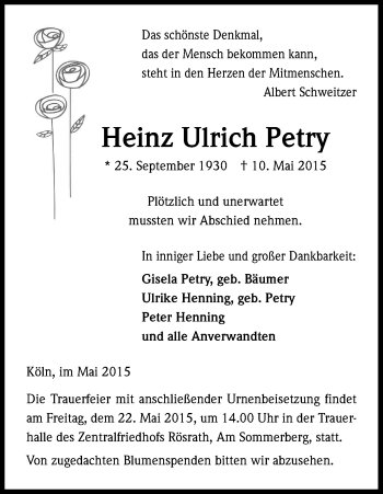 Anzeige von Heinz Ulrich Petry von Kölner Stadt-Anzeiger / Kölnische Rundschau / Express