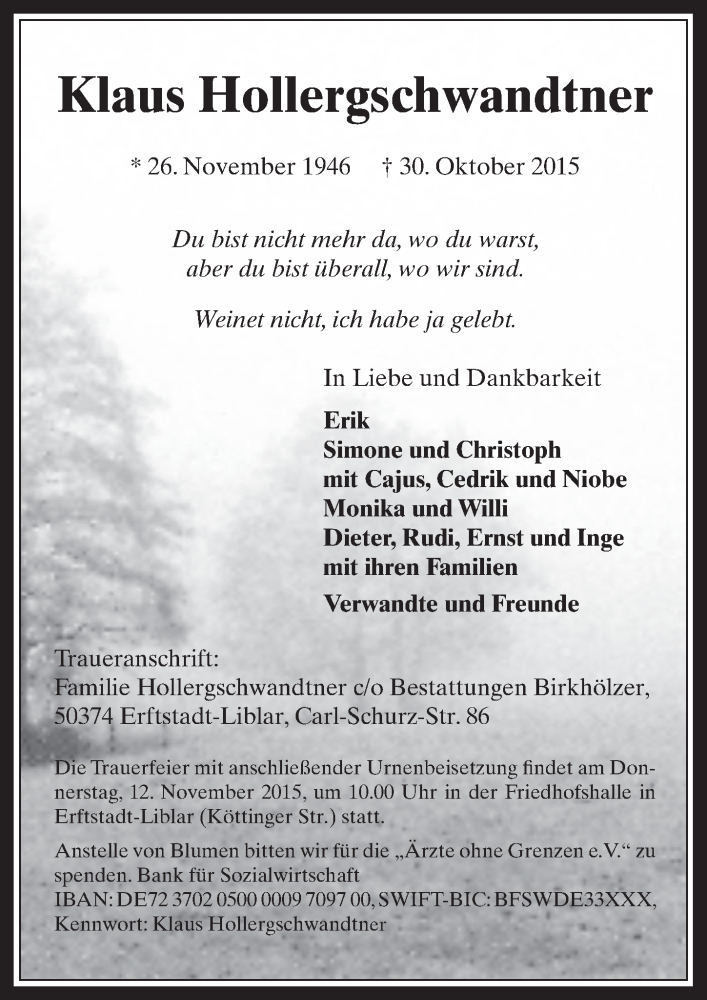  Traueranzeige für Klaus Hollergschwandtner vom 11.11.2015 aus  Werbepost 