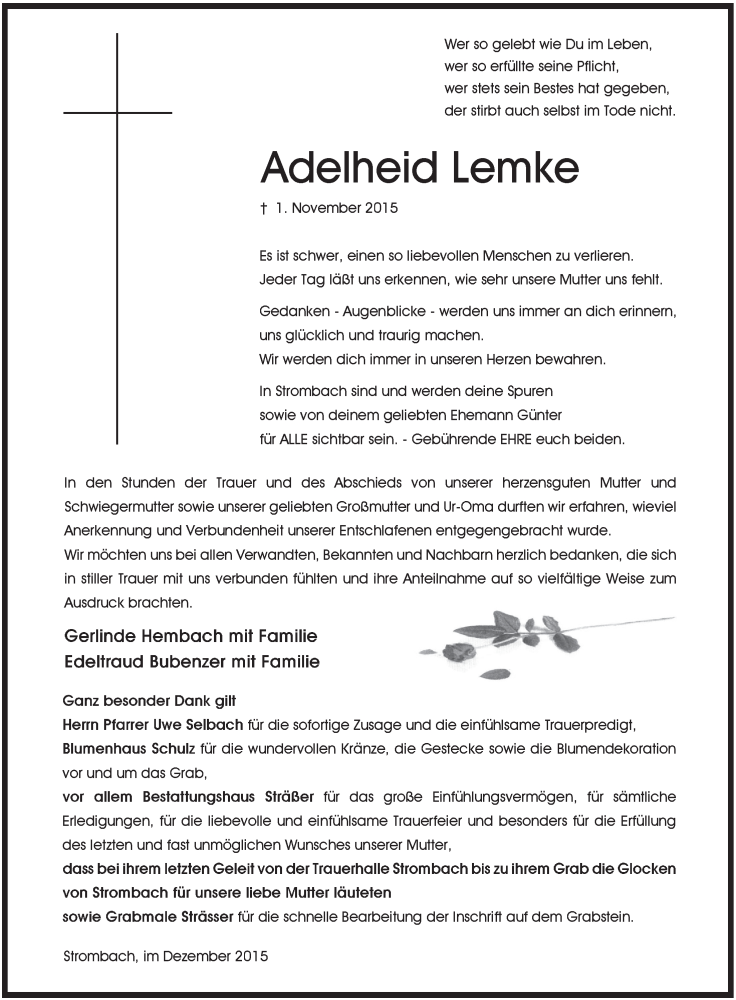  Traueranzeige für Adelheid Lemke vom 16.12.2015 aus  Anzeigen Echo 