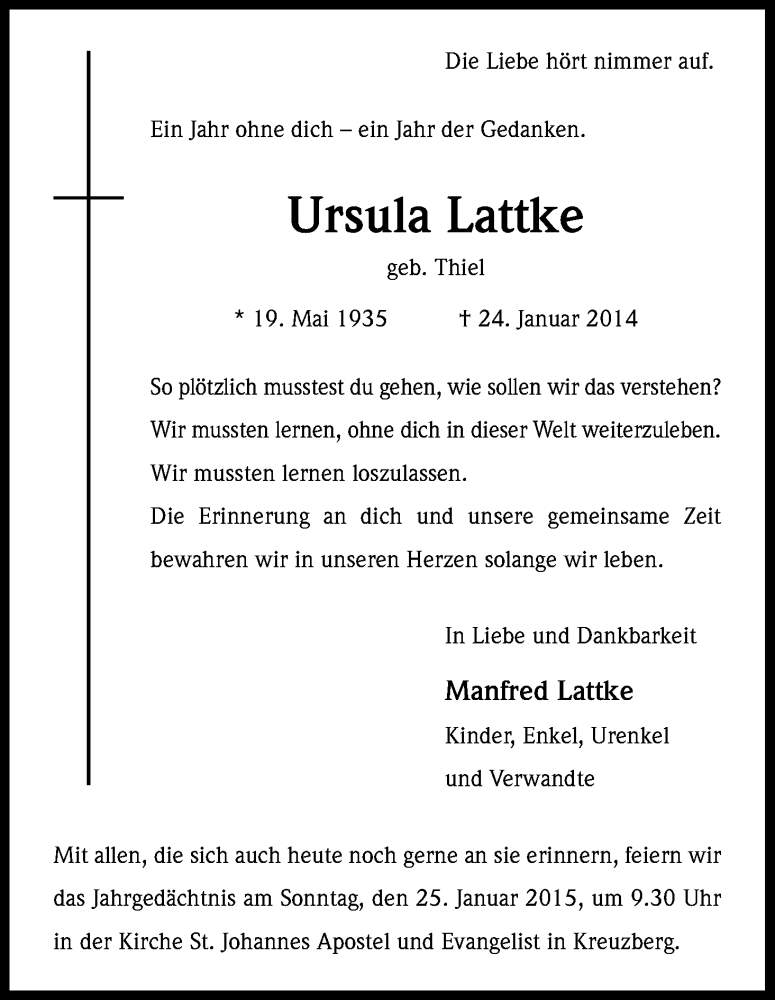  Traueranzeige für Ursula Lattke vom 24.01.2015 aus Kölner Stadt-Anzeiger / Kölnische Rundschau / Express