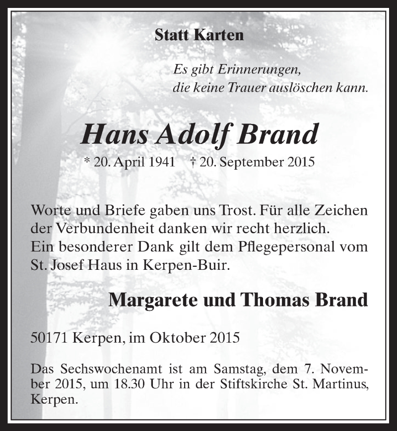  Traueranzeige für Hans Adolf Brand vom 21.10.2015 aus  Werbepost 