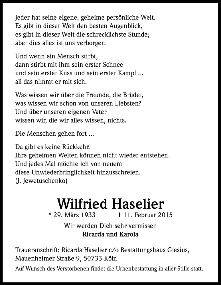  Traueranzeige für Wilfried Haselier vom 28.02.2015 aus Kölner Stadt-Anzeiger / Kölnische Rundschau / Express