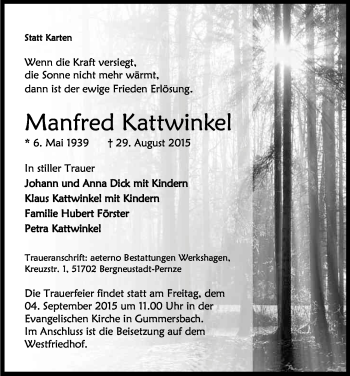 Anzeige von Manfred Kattwinkel von Kölner Stadt-Anzeiger / Kölnische Rundschau / Express
