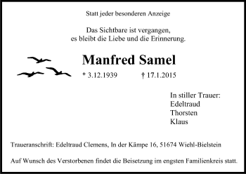 Anzeige von Manfred Samel von Kölner Stadt-Anzeiger / Kölnische Rundschau / Express