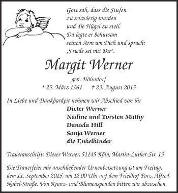 Anzeige von Margit Werner von  Kölner Wochenspiegel 