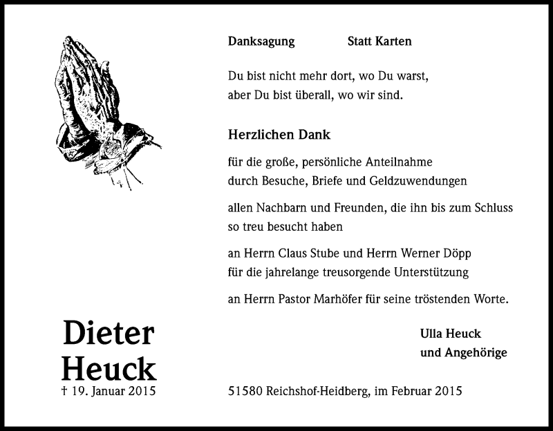  Traueranzeige für Dieter Heuck vom 28.02.2015 aus Kölner Stadt-Anzeiger / Kölnische Rundschau / Express