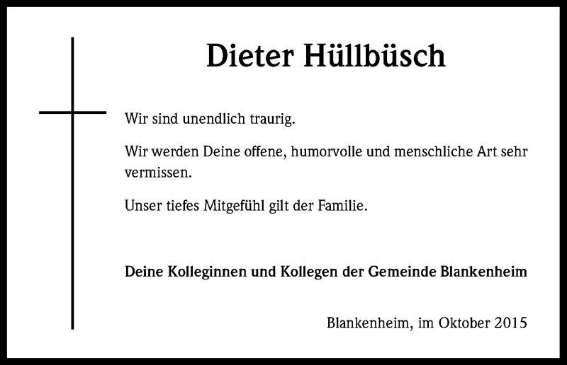  Traueranzeige für Dieter Hüllbüsch vom 23.10.2015 aus Kölner Stadt-Anzeiger / Kölnische Rundschau / Express