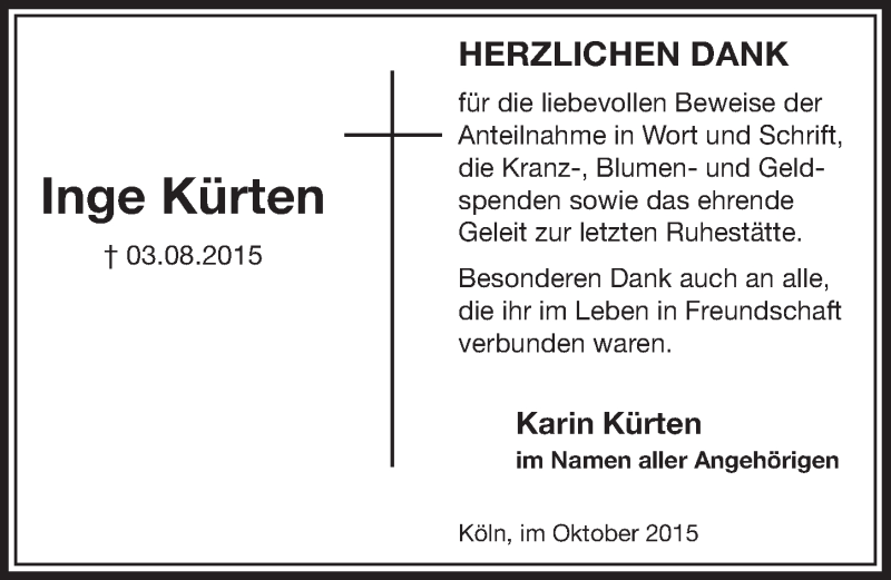  Traueranzeige für Inge Kürten vom 10.10.2015 aus  Sonntags-Post 