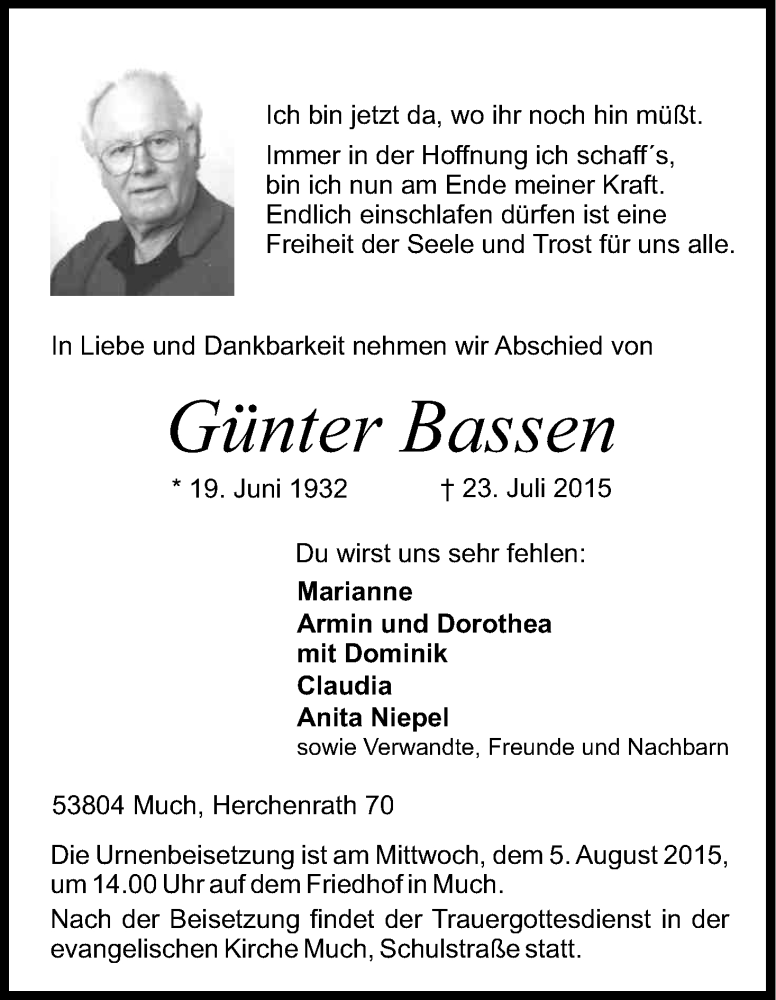  Traueranzeige für Günter Bassen vom 01.08.2015 aus Kölner Stadt-Anzeiger / Kölnische Rundschau / Express