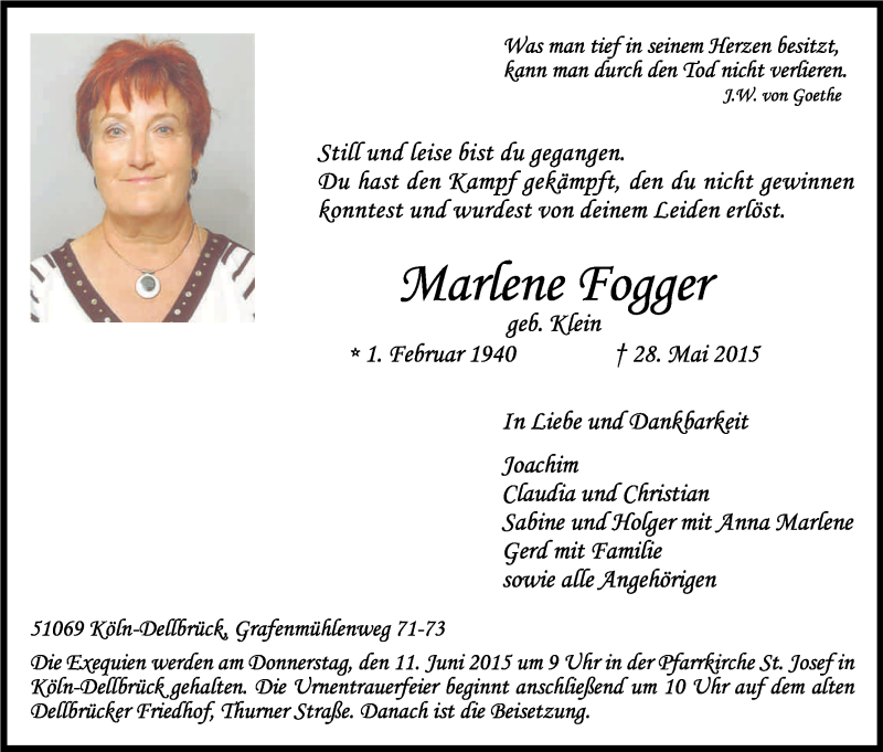  Traueranzeige für Marlene Fogger vom 06.06.2015 aus Kölner Stadt-Anzeiger / Kölnische Rundschau / Express