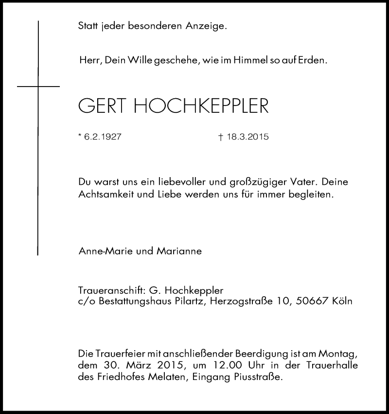  Traueranzeige für Gert Hochkeppler vom 25.03.2015 aus Kölner Stadt-Anzeiger / Kölnische Rundschau / Express