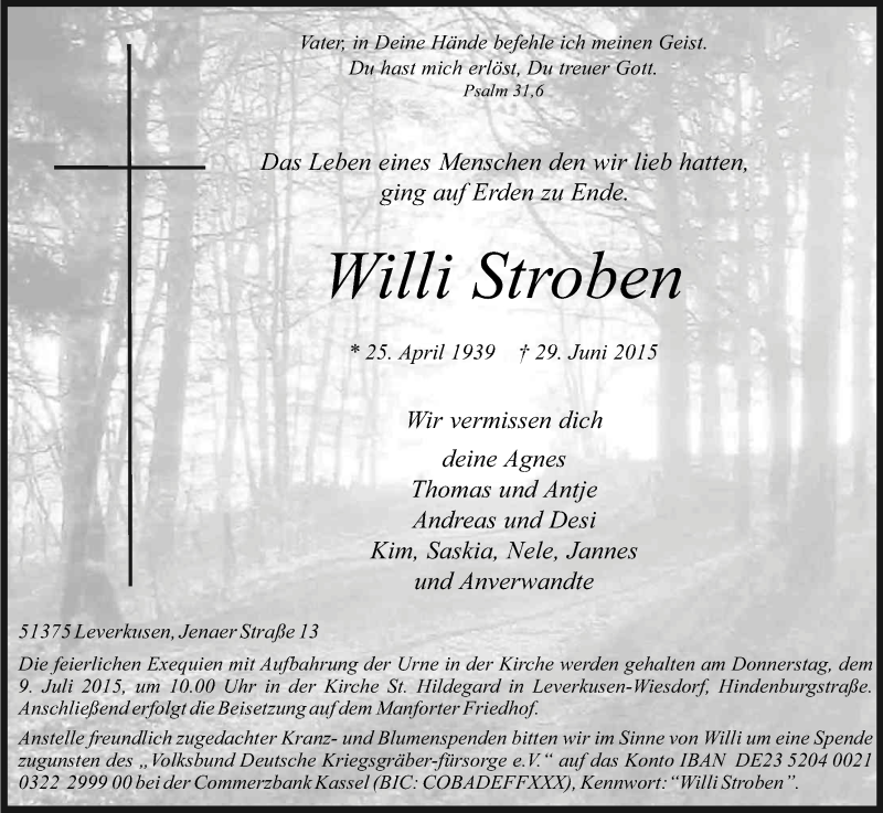  Traueranzeige für Willi Stroben vom 04.07.2015 aus Kölner Stadt-Anzeiger / Kölnische Rundschau / Express