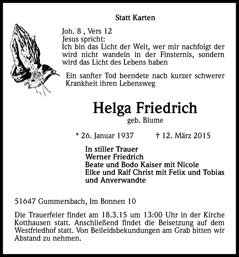  Traueranzeige für Helga Friedrich vom 16.03.2015 aus Kölner Stadt-Anzeiger / Kölnische Rundschau / Express