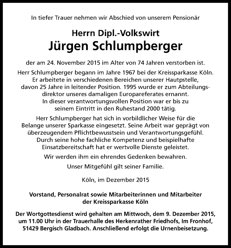  Traueranzeige für Jürgen Schlumpberger vom 08.12.2015 aus Kölner Stadt-Anzeiger / Kölnische Rundschau / Express
