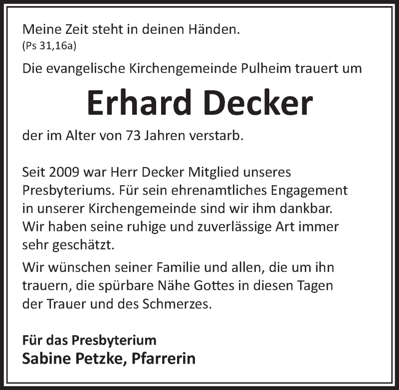  Traueranzeige für Erhard Decker vom 28.11.2015 aus  Sonntags-Post 