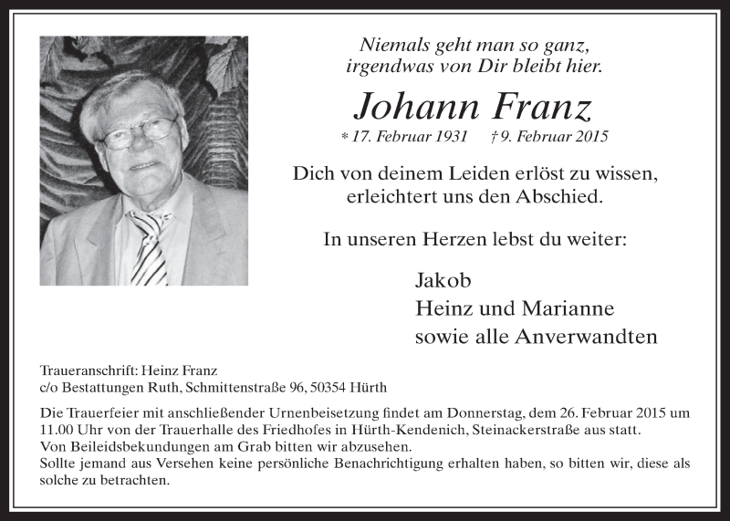  Traueranzeige für Johann Franz vom 18.02.2015 aus  Wochenende 
