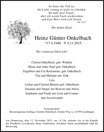 Anzeige von Heinz Günter Onkelbach von Kölner Stadt-Anzeiger / Kölnische Rundschau / Express